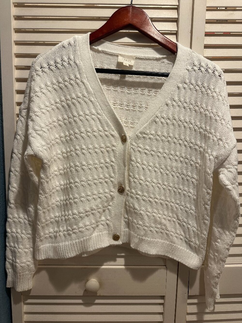 Cyrus White Pointelle Knit Cardigan Gold Crest Buttons Preppy Coastal M